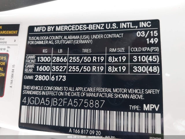 4JGDA5JB2FA575887 Mercedes-Benz ML 350