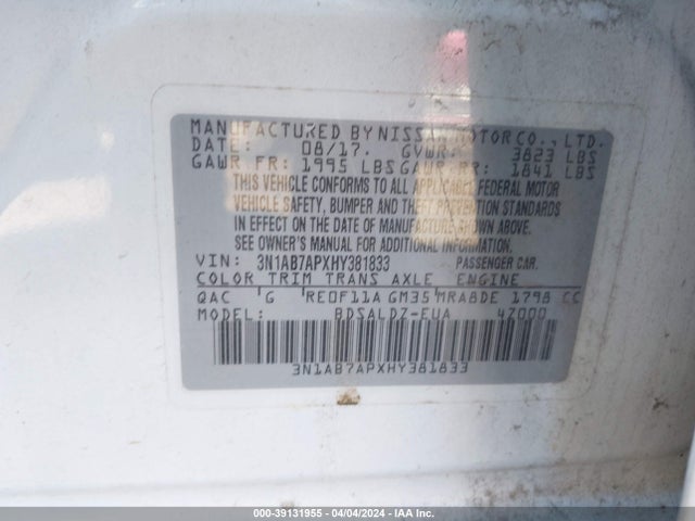 Nissan SENTRA SV 2017 3N1AB7APXHY381833 Image 9