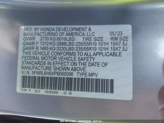 5FNRL6H9XPB065096 Honda Odyssey Elite