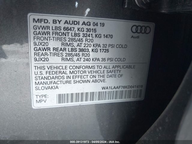 WA1LAAF76KD041419 Audi Q7 55 Premium/55 Se Premium