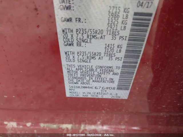 Nissan Pathfinder Platinum 2017 5N1DR2MM4HC676408 Image 9