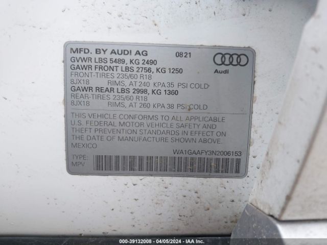 WA1GAAFY3N2006153 Audi Q5 Premium 45 Tfsi S Line Quattro S Tronic