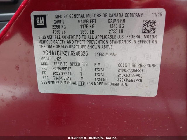 Chevrolet EQUINOX LT 2017 2GNALCEK5H6248326 Image 9