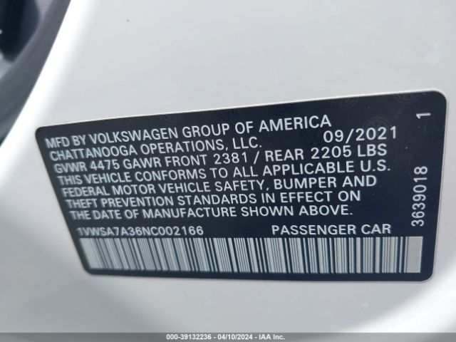 1VWSA7A36NC002166 Volkswagen Passat 2.0t Se