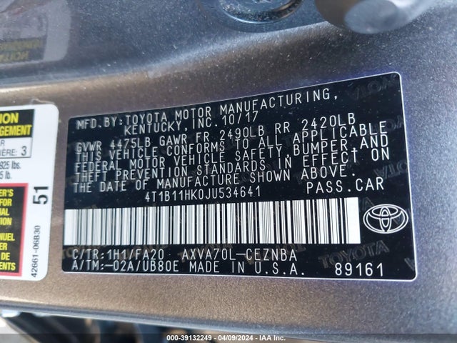 Toyota CAMRY LE 2018 4T1B11HK0JU534641 Image 9