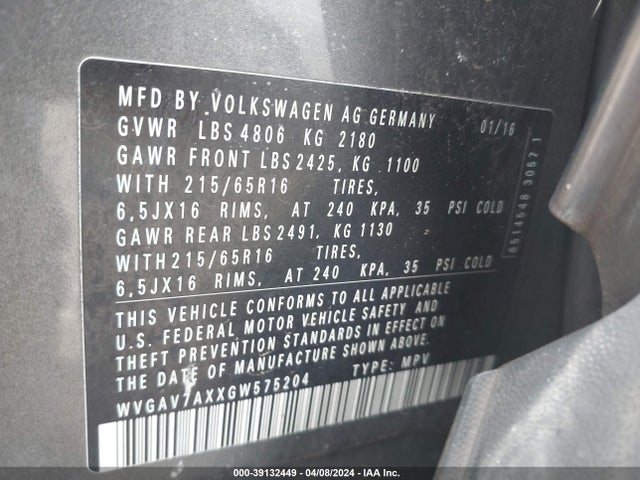 WVGAV7AXXGW575204 Volkswagen TIGUAN S