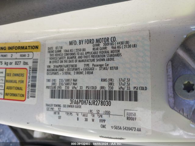 3FA6P0H76JR278030 Ford FUSION SE