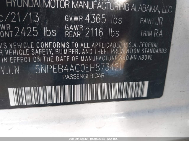 Продажа на аукционе авто 2014 Hyundai Sonata Gls, vin: 5NPEB4AC0EH873421, номер лота: 39132532