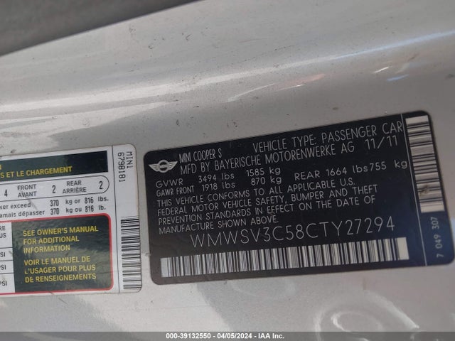 2012 MINI COOPER S WMWSV3C58CTY27294 Photo 8
