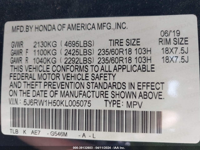 Honda CR-V EX 2019 5J6RW1H50KL005075 Image 9