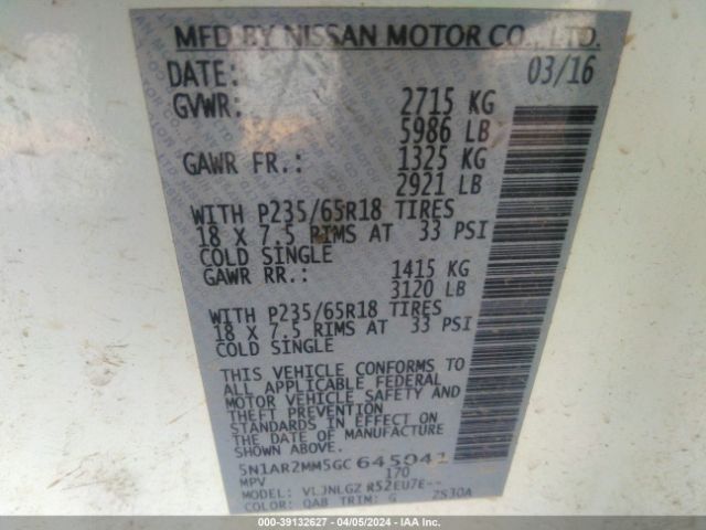 5N1AR2MM5GC645041 Nissan Pathfinder Sl
