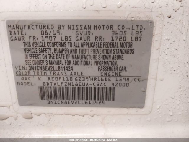 3N1CN8EV2LL811424 Nissan Versa Sv Xtronic Cvt