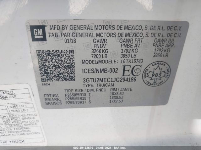 3GTU2MEC1JG294186 GMC Sierra 1500 Sle