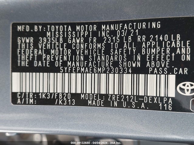 Toyota COROLLA LE 2021 5YFEPMAE6MP230334 Image 9