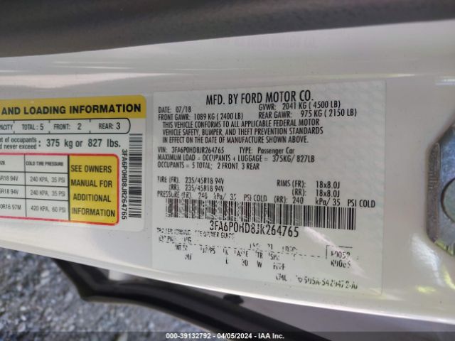3FA6P0HD8JR264765 Ford FUSION SE