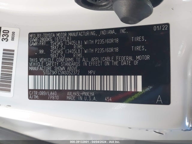 5TDZSKFC5NS052372 Toyota Sienna Limited