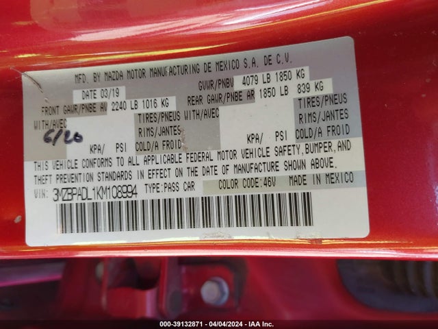 3MZBPADL1KM108994 Mazda Mazda3 Preferred Package