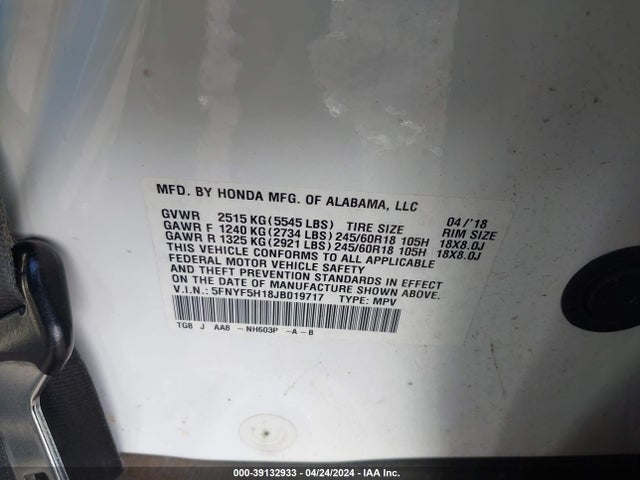 Honda PILOT LX 2018 5FNYF5H18JB019717 Image 9