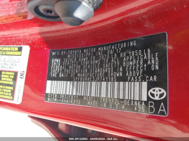 5YFBURHE3JP741185 Toyota COROLLA LE