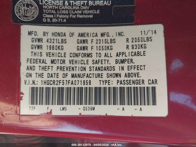 Honda Accord Sport 2015 1HGCR2F57FA071959 Image 9