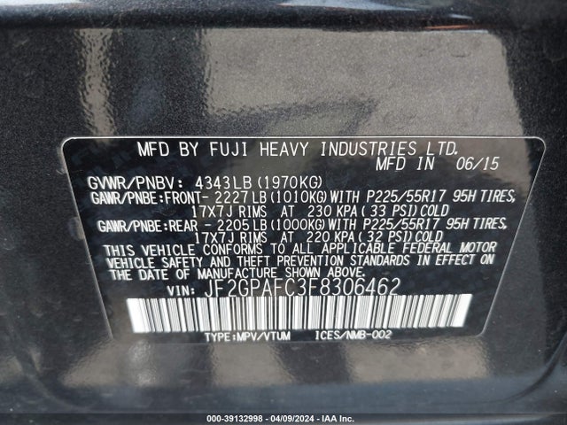 Subaru Xv Crosstrek 2.0i Premium 2015 JF2GPAFC3F8306462 Image 9