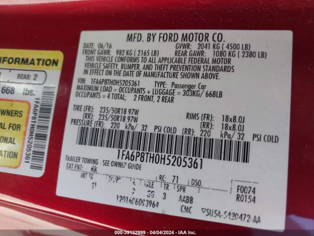 1FA6P8TH0H5205361 Ford Mustang Ecoboost
