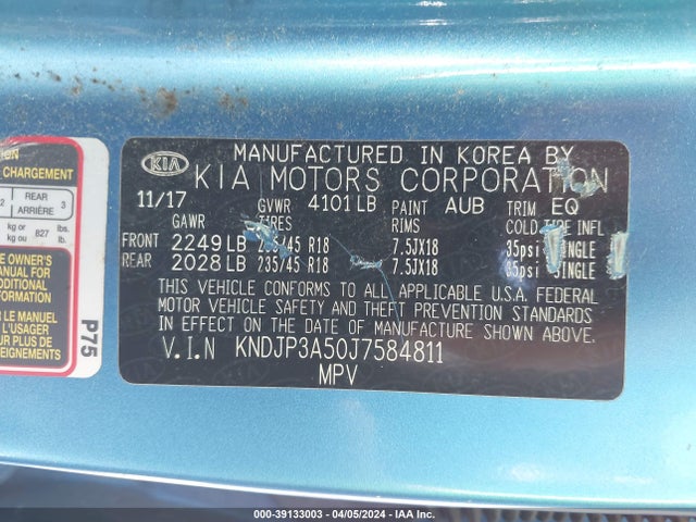 KIA SOUL + 2018 KNDJP3A50J7584811 Image 9