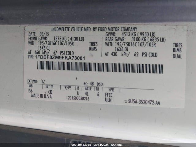 Ford Transit-350 Cab 2015 1FDBF8ZM9FKA73081 Image 9