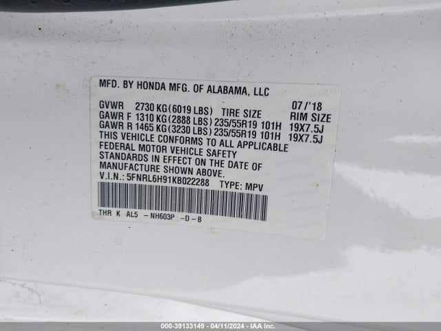 Honda Odyssey Elite 2019 5FNRL6H91KB022288 Image 9