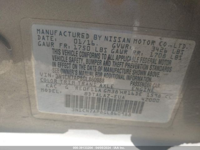3N1CN7AP8GL860988 Nissan Versa 1.6 S+