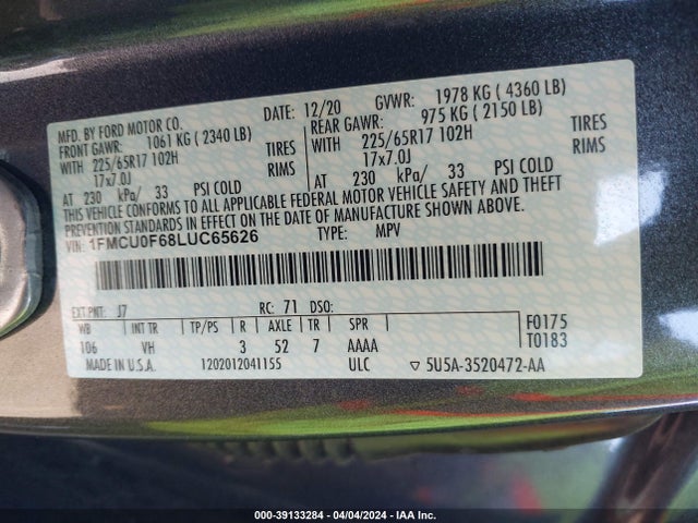 Ford ESCAPE S 2020 1FMCU0F68LUC65626 Image 9