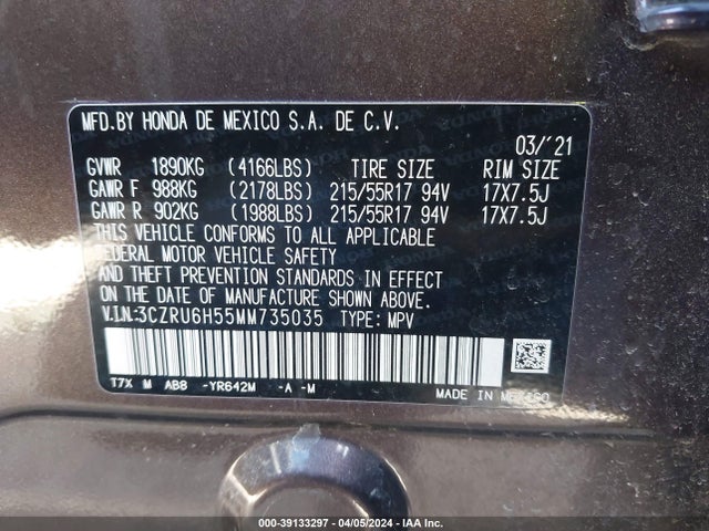Honda Hr-v Awd Ex 2021 3CZRU6H55MM735035 Image 9