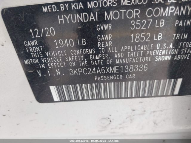 3KPC24A6XME138336 Hyundai ACCENT SE
