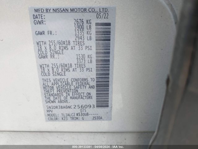 5N1DR3BA6NC256093 Nissan Pathfinder Sv 2wd