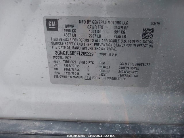 Chevrolet Trax Lt 2015 3GNCJLSB5FL209229 Image 9