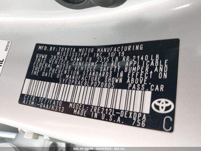 Toyota COROLLA L 2020 5YFDPRAE8LP070805 Image 9