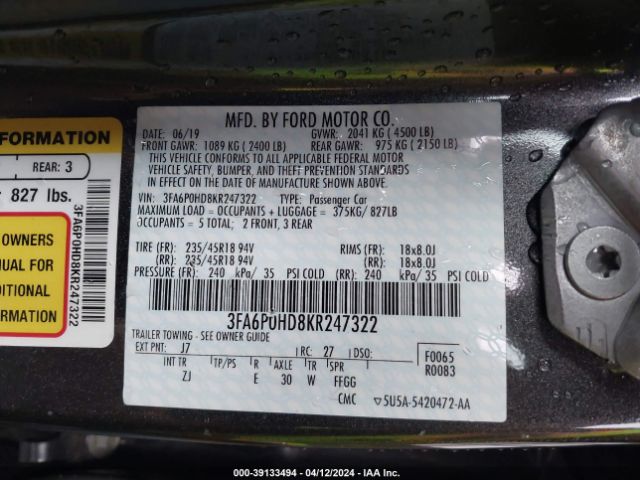 3FA6P0HD8KR247322 Ford FUSION SE