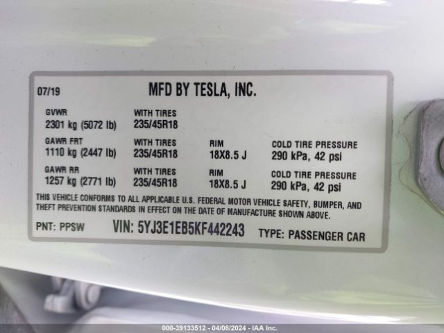 5YJ3E1EB5KF442243 Tesla Model 3 Long Range/performance