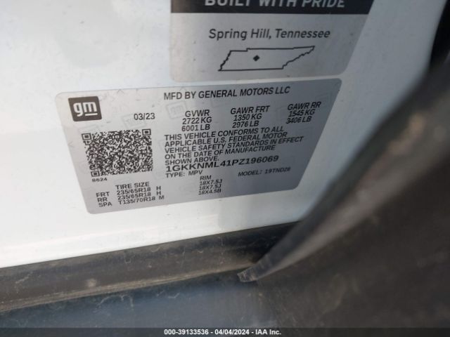 1GKKNML41PZ196069 GMC Acadia Fwd Slt