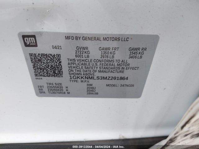 1GKKNMLS3MZ201864 GMC Acadia Fwd Slt