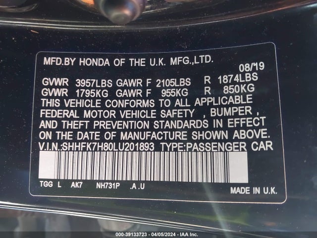 Honda Civic Ex-l 2020 SHHFK7H80LU201893 Image 9