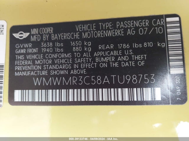 2010 MINI COOPER WMWMR3C58ATU98753 Photo 8