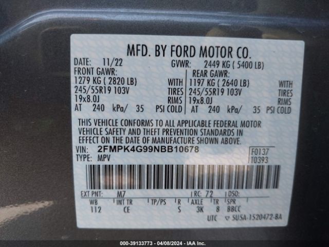 2FMPK4G99NBB10678 Ford EDGE SE