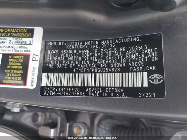 4T1BF1FK0GU254828 Toyota CAMRY SE