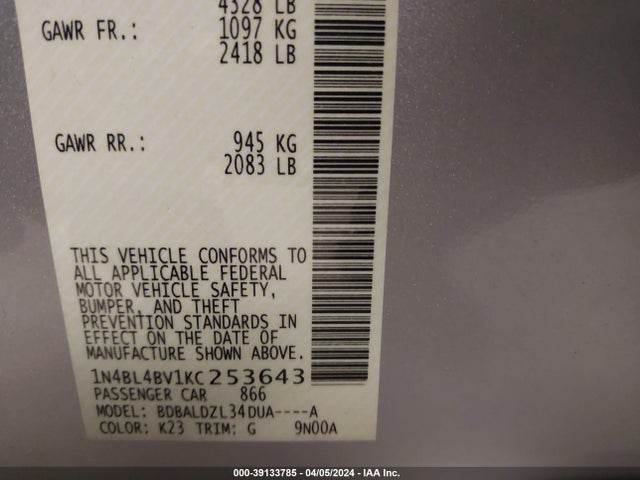 Nissan Altima 2.5 S 2019 1N4BL4BV1KC253643 Image 9