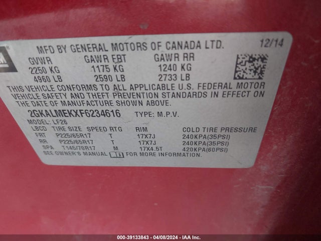 GMC Terrain Sle-1 2015 2GKALMEKXF6234616 Image 9