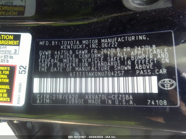 4T1T11AK0NU704257 Toyota CAMRY SE