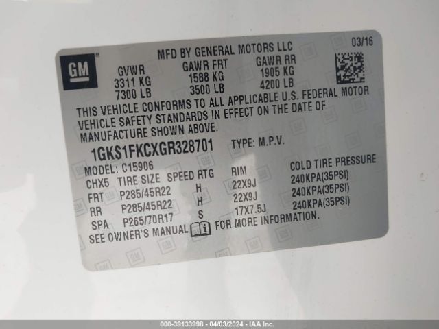 1GKS1FKCXGR328701 GMC Yukon Xl Sle