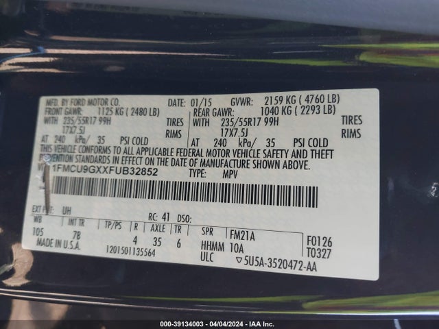 Ford ESCAPE SE 2015 1FMCU9GXXFUB32852 Image 9