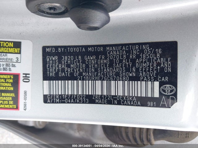 Toyota Corolla S Plus 2016 2T1BURHE7GC670680 Image 9